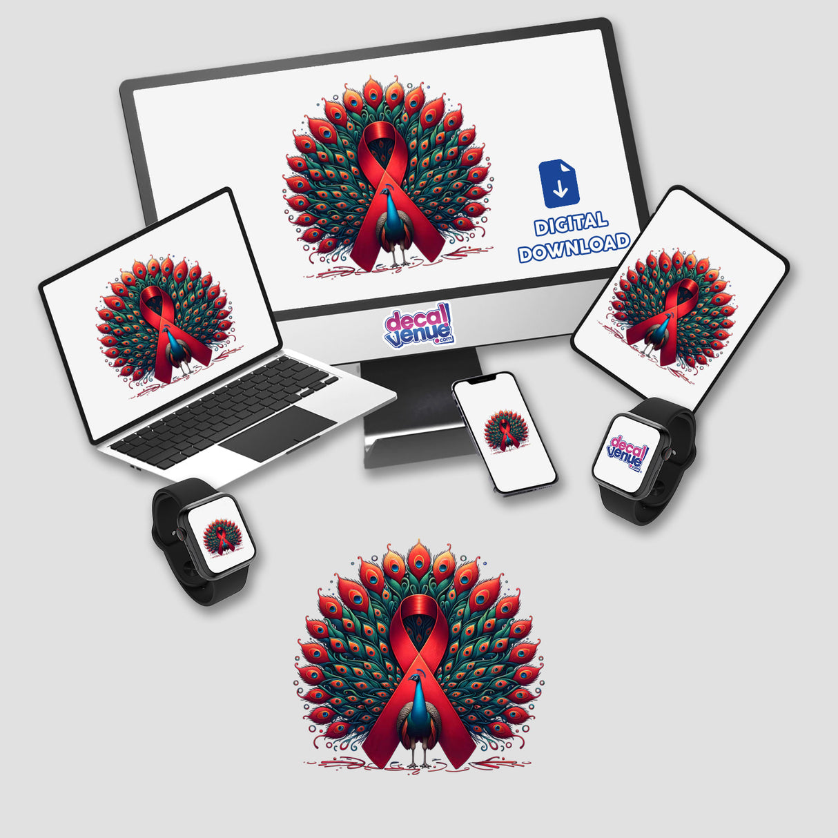 Peacock Red Ribbon AIDS Awareness sticker design featuring a vibrant peacock with a red ribbon displayed on a computer monitor and laptop screen. Available as stickers or digital artwork.