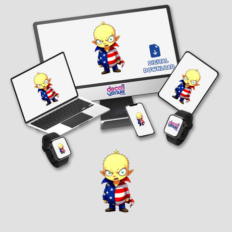 Funny Guy cartoon in an American flag outfit displayed on a computer monitor and laptop, available as stickers or digital artwork from Decal Venue.