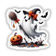 Cute Witch Ghost with Broom sticker or digital artwork featuring a cartoon ghost holding a broom and pumpkin, with additional Halloween elements like a carved pumpkin and bat silhouette.