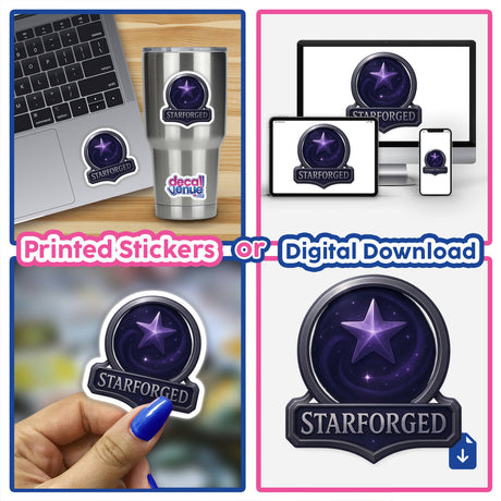 Starforged – RPG-Style Skill Badge features a silver and violet galaxy emblem, available as stickers or digital artwork, highlighting its unique design suitable for RPG enthusiasts.