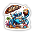 Summertime Blue Crab with Coconut Drink lounging on a striped deck chair under a leopard-print umbrella, surrounded by seashells, starfish, and coral, evoking a fun, tropical vacation vibe.
