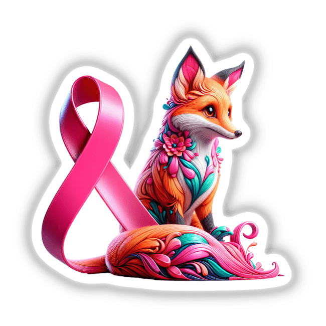 Fox Pink Ribbon Breast Cancer Awareness sticker features a vibrant, cartoon-style fox adorned with flowers and a pink ribbon, symbolizing support and awareness. Available as stickers or digital artwork at Decal Venue.