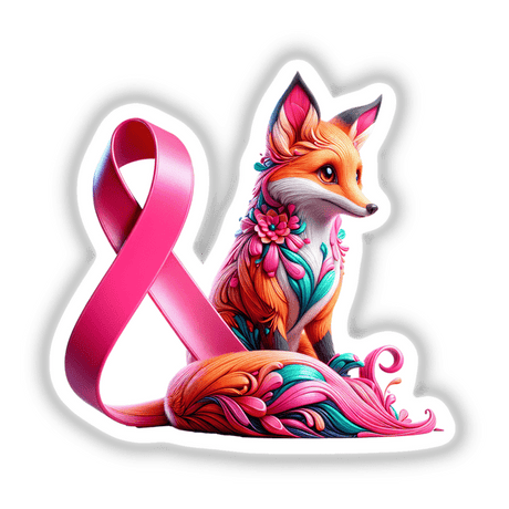 Fox Pink Ribbon Breast Cancer Awareness sticker features a vibrant, cartoon-style fox adorned with flowers and a pink ribbon, symbolizing support and awareness. Available as stickers or digital artwork at Decal Venue.