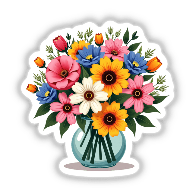 Vibrant Flower Bouquet Clipart | Stickers or Commercial Use Download: A detailed illustration of a colorful flower arrangement in a vase, perfect for stickers or digital artwork.