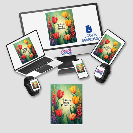 Fauvist Spring Gladiolus “He Keeps Every Promise” Psalm 145:13 Sticker or Clipart with Commercial Rights, featuring a computer monitor and laptop displaying floral artwork on their screens.