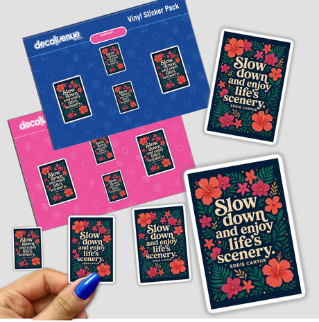 Slow Down Enjoy Life Quote Sticker or Clipart with Commercial Rights - Eddie Cantor Tropical Design, available as vibrant stickers or digital artwork, perfect for adding a unique touch.