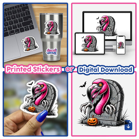 Decorative Halloween flamingo peeking out from tombstone, available as printed stickers or digital download from Decal Venue's unique sticker and digital art collection.