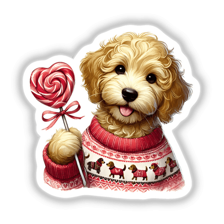Watercolor Goldendoodle Dog Sweater and Lollipop: A cartoon dog in a sweater holds a lollipop. Available as stickers or digital artwork from Decal Venue.