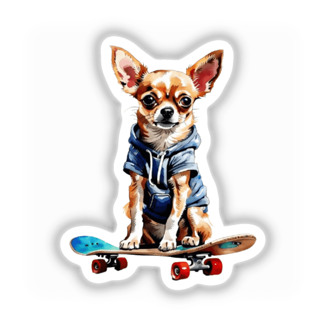 Cute Skateboarding Chihuahua Clipart – Stickers or Commercial Use Download: A dog wearing a sweater, sitting on a skateboard.