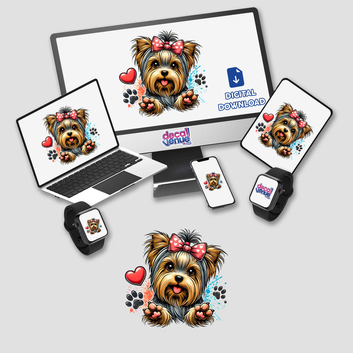 Yorkie Dog Hearts and Paws artwork displayed on a computer monitor and laptop, featuring charming Yorkie illustrations, perfect for stickers or digital prints from Decal Venue.