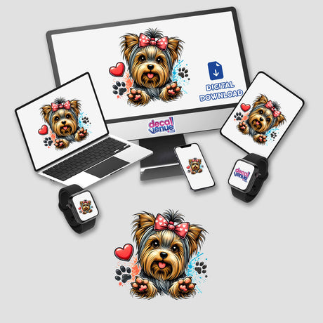 Yorkie Dog Hearts and Paws artwork displayed on a computer monitor and laptop, featuring charming Yorkie illustrations, perfect for stickers or digital prints from Decal Venue.
