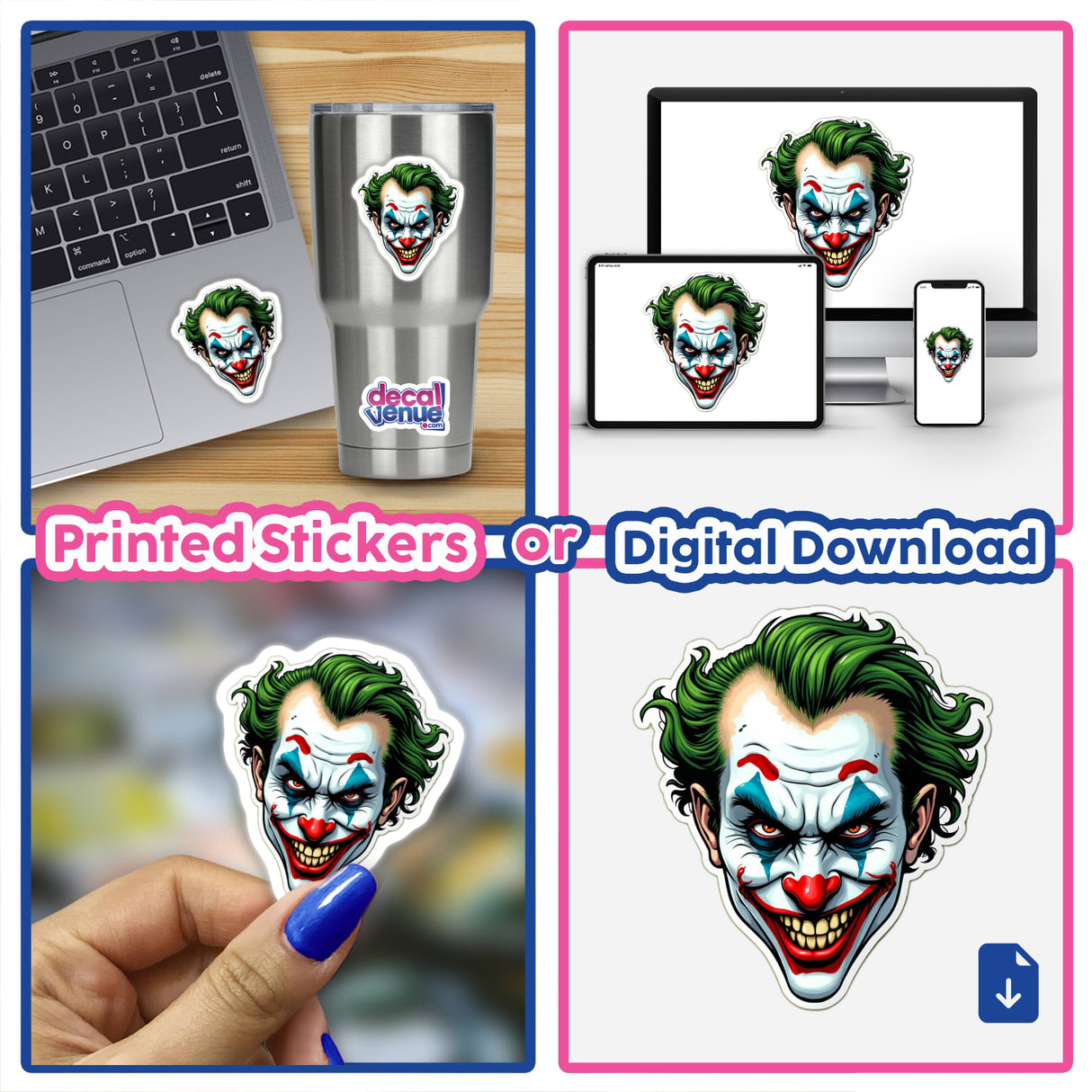 Collage featuring Palhaço Estrela sticker on a laptop and a close-up of the sticker with a cartoon joker face.