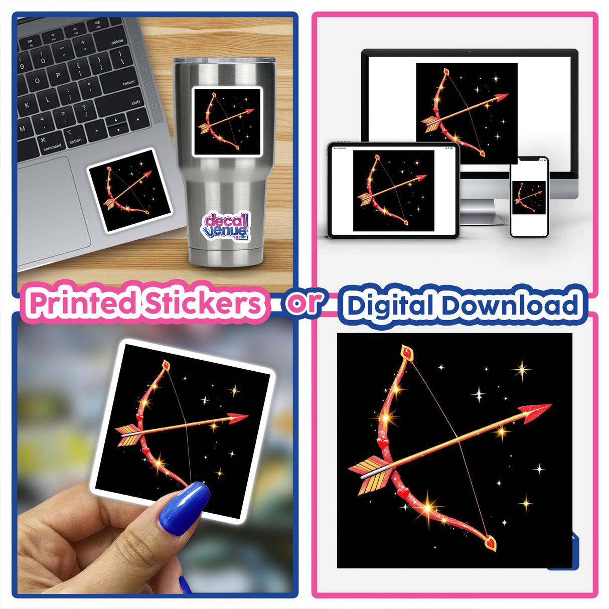 Collage featuring Cupid’s Bow and Arrow stickers and digital artwork, showcasing a laptop adorned with these designs, emphasizing Decal Venue's unique artistry in stickers and digital creations.