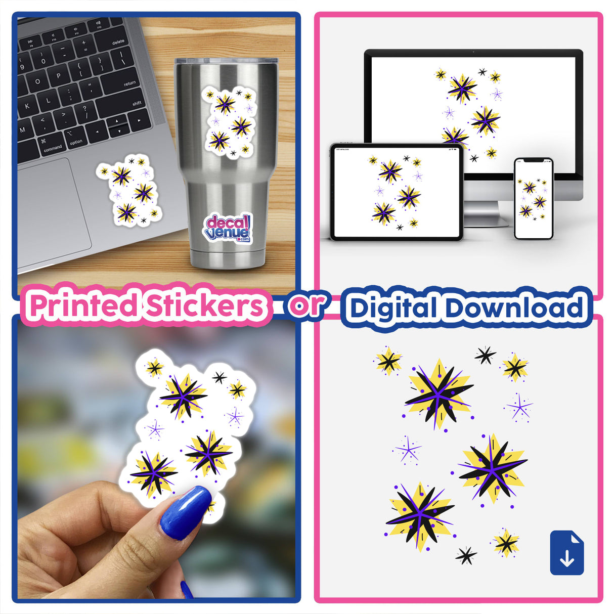 Collage featuring Stars - yellow, black, purple stickers and digital downloads; close-up of finger holding a sticker, laptop adorned with a sticker, and a computer screen with starry digital artwork.