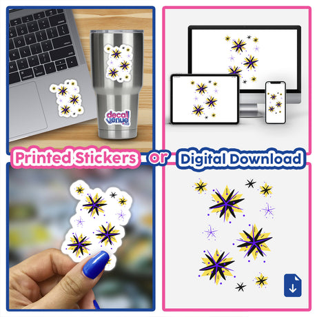 Collage featuring Stars - yellow, black, purple stickers and digital downloads; close-up of finger holding a sticker, laptop adorned with a sticker, and a computer screen with starry digital artwork.