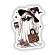 Boujee Ghost Leopard Tote and Sneakers II: Cartoon ghost with hat and sunglasses, holding a coffee cup, paired with leopard print tote and pink sneakers. Available as stickers or digital artwork.