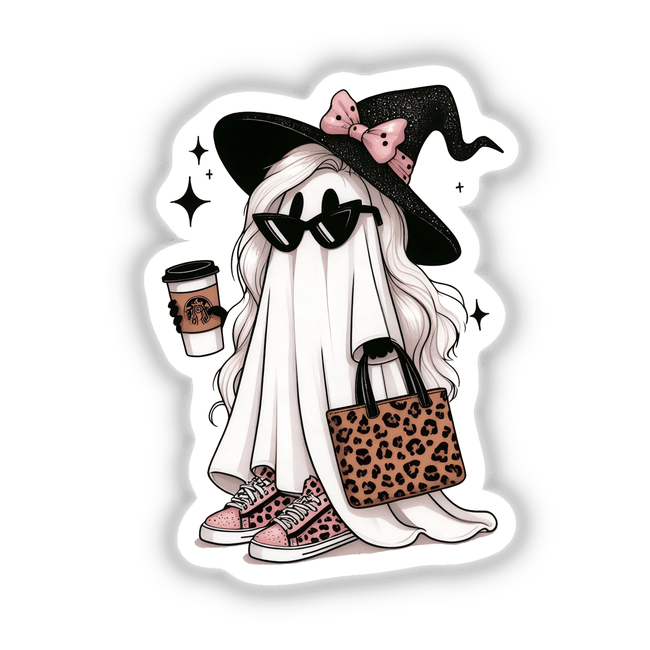 Boujee Ghost Leopard Tote and Sneakers II: Cartoon ghost with hat and sunglasses, holding a coffee cup, paired with leopard print tote and pink sneakers. Available as stickers or digital artwork.