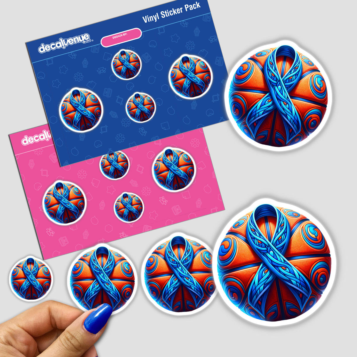 Basketball Blue Ribbon Colon Cancer Awareness sticker pack, featuring a hand holding a sticker, emphasizing blue ribbons on basketballs. Available as vinyl stickers or digital artwork.