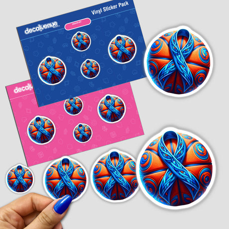 Basketball Blue Ribbon Colon Cancer Awareness sticker pack, featuring a hand holding a sticker, emphasizing blue ribbons on basketballs. Available as vinyl stickers or digital artwork.