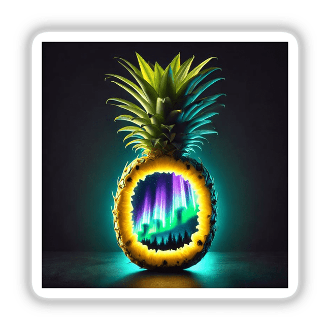 Aurora in the Tropics: Northern Lights Inside a Pineapple, available as stickers or digital artwork, depicting a pineapple with vibrant northern lights inside.