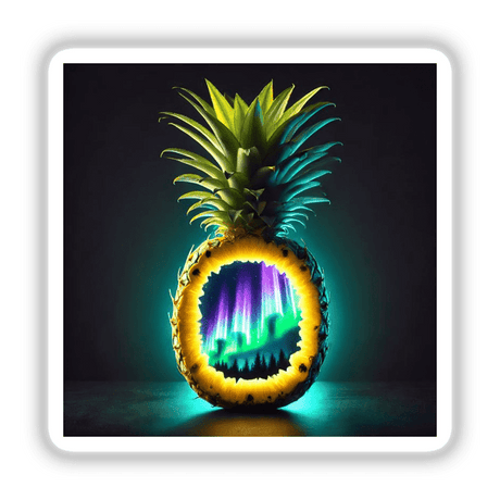 Aurora in the Tropics: Northern Lights Inside a Pineapple, available as stickers or digital artwork, depicting a pineapple with vibrant northern lights inside.