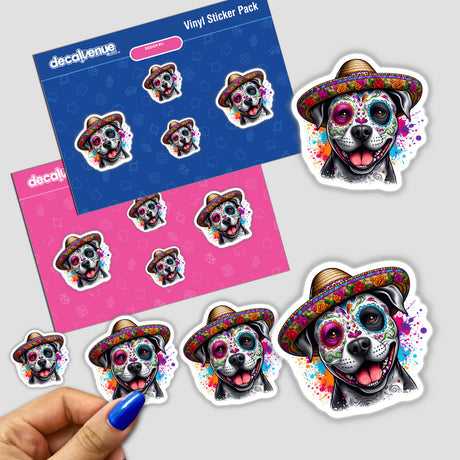 Sugar Skull Pitbull Dog stickers featuring cartoonish dogs in hats, offered as part of a sticker pack or digital artwork, showcasing unique vinyl designs from Decal Venue.