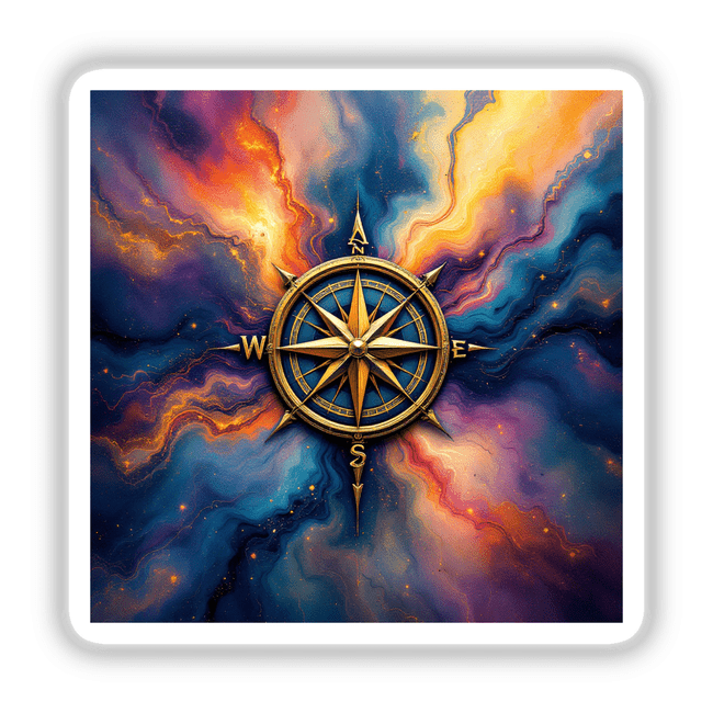 Compass Alcohol Ink Design featuring a gold compass amid a vibrant artistic background, offered as unique stickers or digital artwork from Decal Venue.