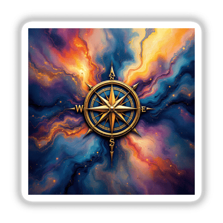 Compass Alcohol Ink Design featuring a gold compass amid a vibrant artistic background, offered as unique stickers or digital artwork from Decal Venue.