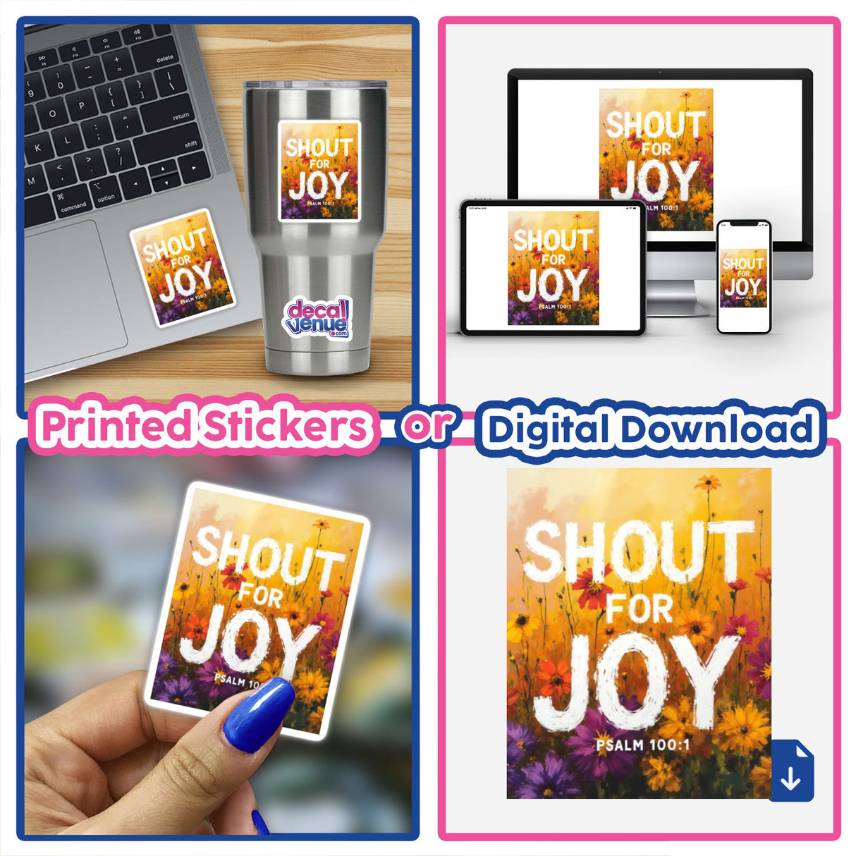 Wallflower Shout for Joy Sticker or Clipart featuring Psalm 100:1, displayed on a laptop with a sticker and digital artwork option, emphasizing its commercial rights. Perfect for unique vinyl sticker enthusiasts.