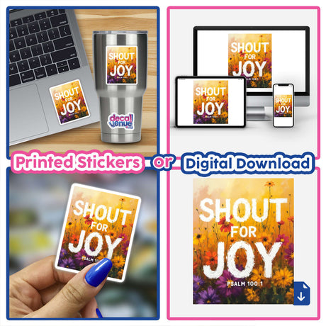 Wallflower Shout for Joy Sticker or Clipart featuring Psalm 100:1, displayed on a laptop with a sticker and digital artwork option, emphasizing its commercial rights. Perfect for unique vinyl sticker enthusiasts.