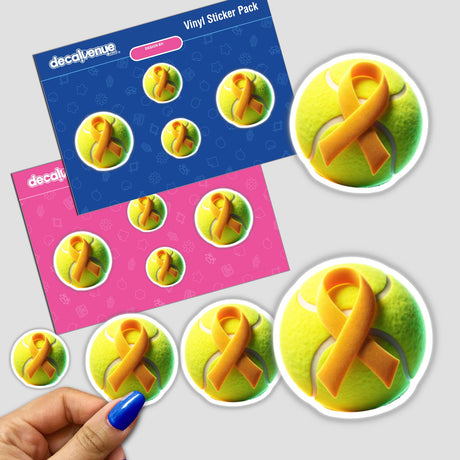 Sticker pack featuring Tennis Ball Yellow Awareness Ribbon, showcasing tennis balls adorned with symbolic yellow ribbons, available as unique vinyl stickers or digital artwork from Decal Venue.