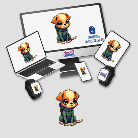 a laptop, phone, and other electronic devices with stickers on them