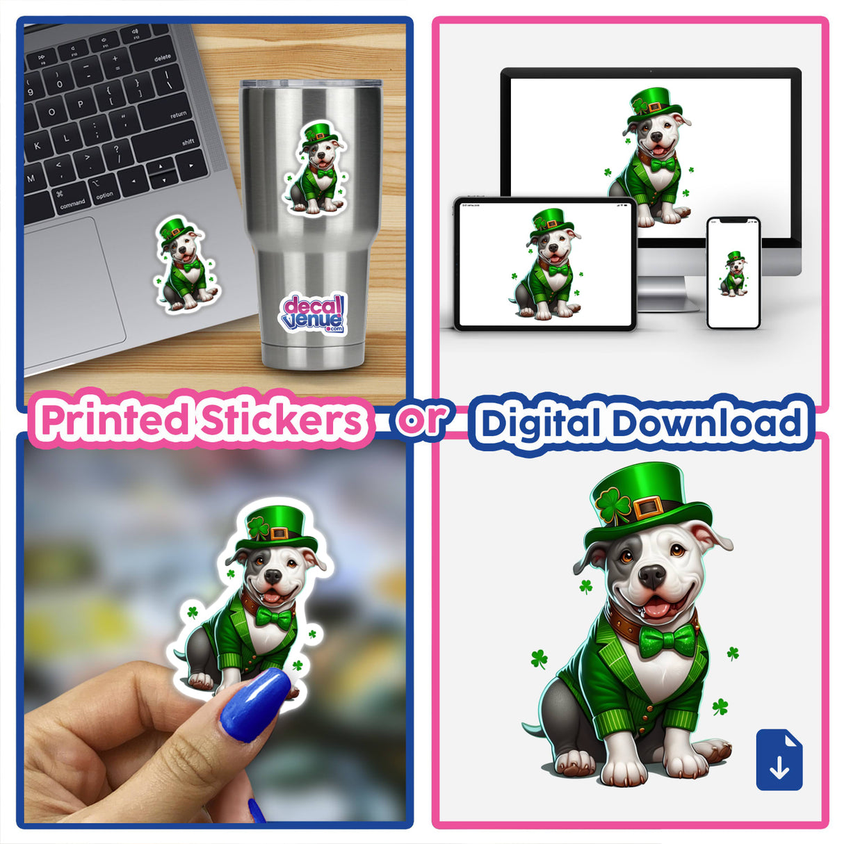 Leprechaun Pitbull Dog depicted as a cartoon wearing a green suit, bow tie, and hat, featured in a collage. Available as stickers or digital artwork from Decal Venue.