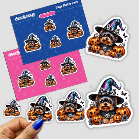 Cute Halloween-themed digital art stickers featuring a Yorkie dog wearing a witch's hat and surrounded by pumpkins, as seen in the product image from Decal Venue's store.