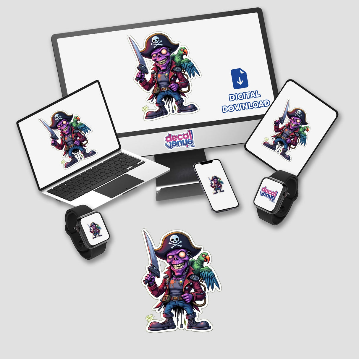 Pirata Caveira: Digital artwork of a cartoon pirate with a parrot, showcased on computer and laptop screens, available as stickers or digital art.