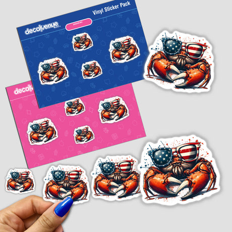 American Steamed Crab design featuring a cartoon crab in sunglasses with the American flag, available as a sticker or digital art. Perfect for showcasing patriotic flair.