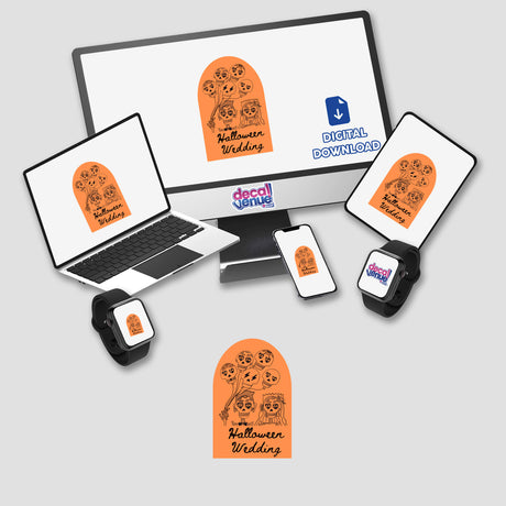 Halloween Wedding stickers featuring spooky motifs, perfect for save the dates. Available as vinyl stickers or digital artwork, ideal for Halloween-themed celebrations.