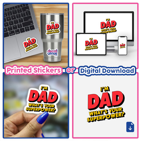 A collage of I'm Dad, What's Your Superpower? stickers, featuring close-ups of finger placements and computer screenshots, available as both stickers and digital artwork.