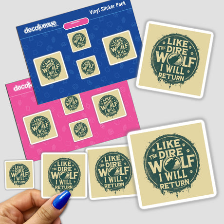 Hand holding Dire Wolf Return sticker pack featuring vintage wolf text design, available as stickers or digital artwork, showcasing the unique vinyl style of Decal Venue.