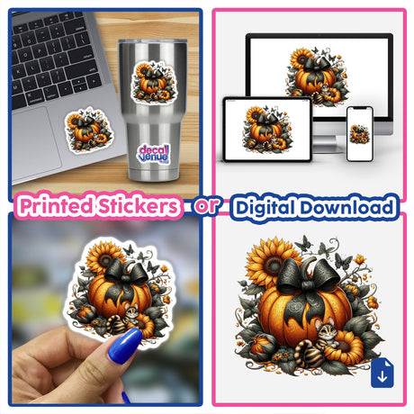 Collage of Kitty Cats, Sunflowers and Pumpkins stickers, showcasing various designs with pumpkins, sunflowers, and cats, including close-ups of hands holding stickers and applying them on laptops.