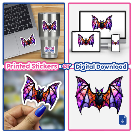 Collage of Bat Stained Glass Style featuring stickers on various surfaces like a laptop and cup, highlighting intricate bat designs, available as unique stickers or digital artwork.