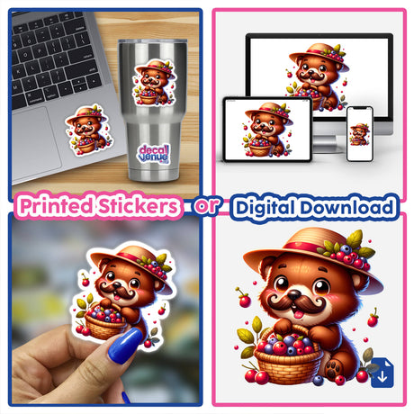 Cute Bear with Mustache Holding Basket of Berries