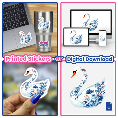 Chinoiserie Swan sticker collage featuring elegant swan designs with blue flowers, perfect for laptops or cups. Offered as unique stickers or digital artwork by Decal Venue.