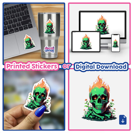 A Skull And Bones On Fire sticker featuring a skull engulfed in vibrant flames, perfect for customizing laptops or personal items, embodying bold and edgy artistic expression.