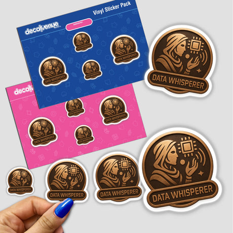 Data Whisperer – RPG-Style Skill Badge features a bronze futuristic crest design, available as a sticker or digital artwork, embodying the unique vinyl art essence of Decal Venue.