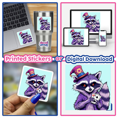 Magician Raccoon with Deck of Cards sticker; features a cartoon raccoon holding playing cards, available as a unique decal or digital art from Decal Venue.