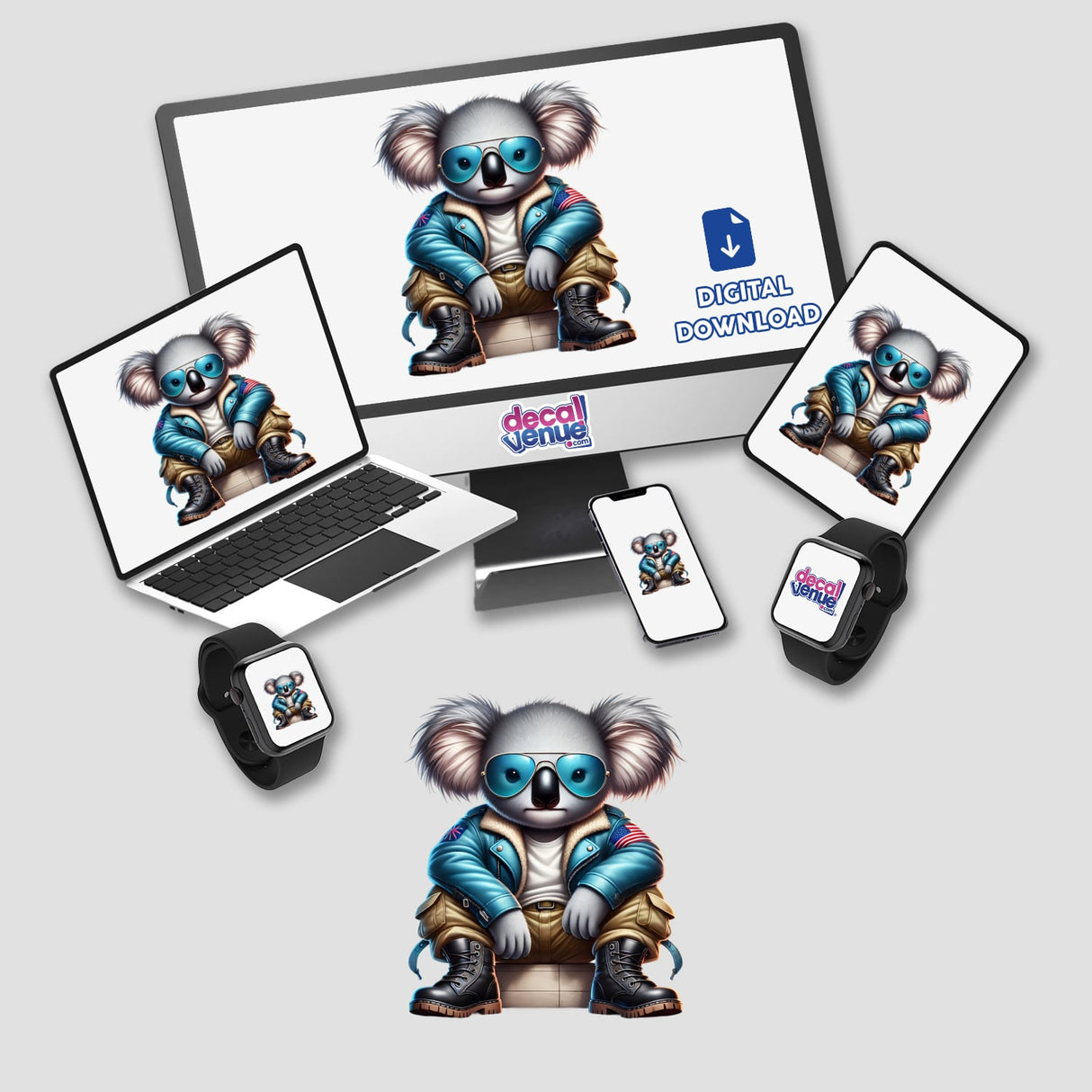 Patriotic Leather Koala Aviator Sunglasses featured on a laptop and monitor, showcasing trendy koala artwork ideal for stickers or digital downloads by DecalVenue.
