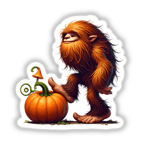 Whimsical sasquatch figure with vibrant orange fur holding a pumpkin in foreground against white background