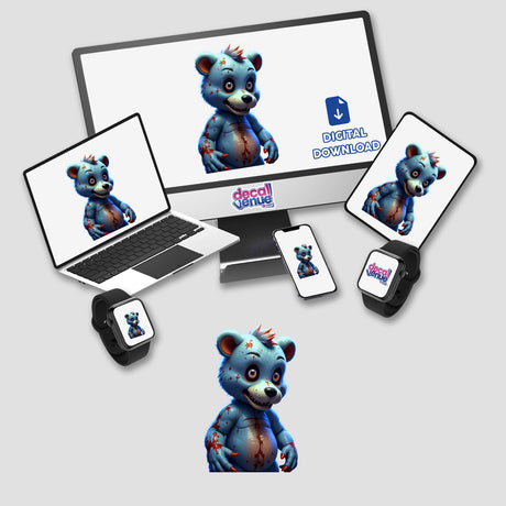 A Macabre Scary Bear cartoon displayed on a computer monitor and laptop, available as stickers or digital artwork, illustrating the unique style of Decal Venue's vinyl and digital art collection.