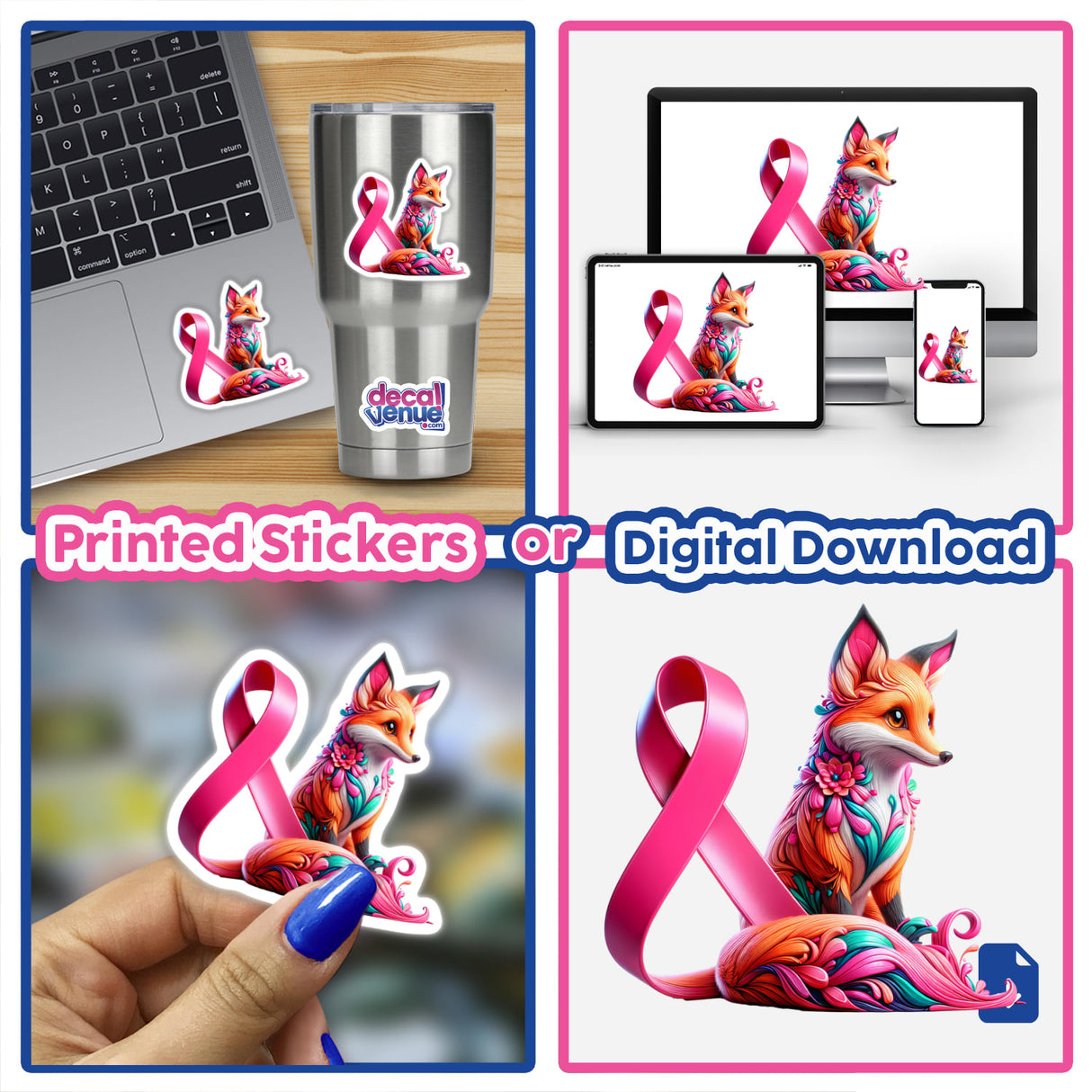 Collage featuring the Fox Pink Ribbon Breast Cancer Awareness stickers and digital artwork, showcasing a fox with a pink ribbon, emphasizing support and awareness.